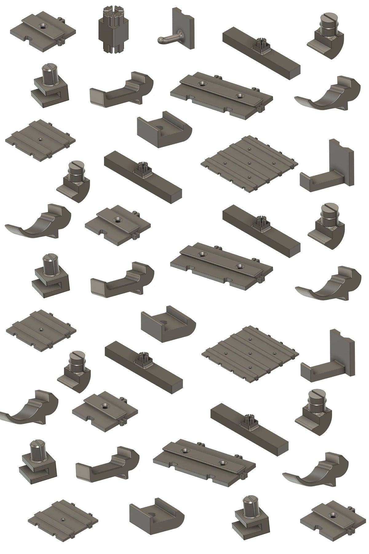 Übersicht der Wand-Bauteile in 3D — Grundplatten, Haken, Ablagen und Clips